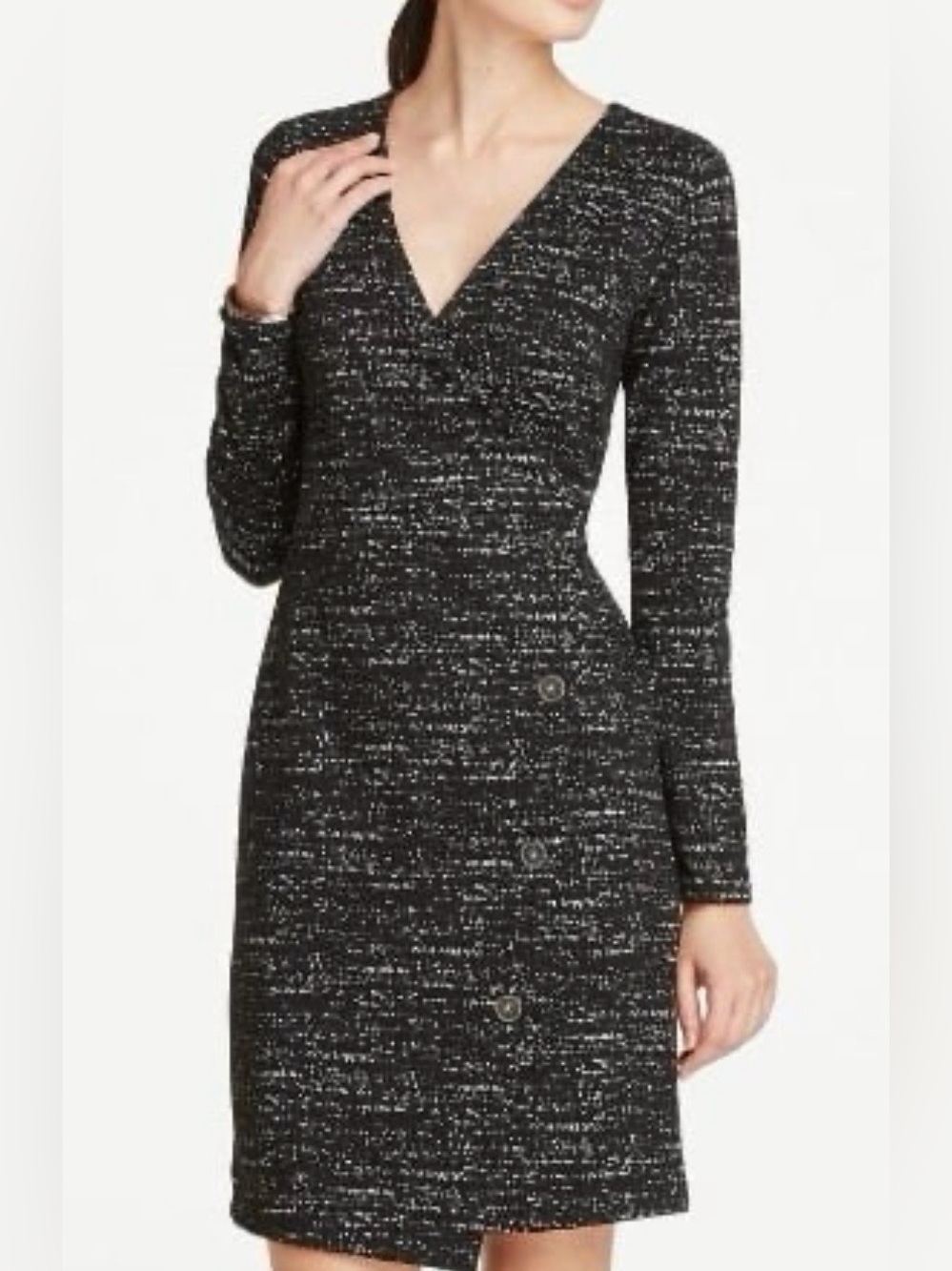 Ann Taylor Black White Mottled Faux Wrap Sheath Button Detailed Dress Size 4